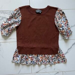 Anthropologie Layered Look Floral Puff Sleeve Peplum Top sz small